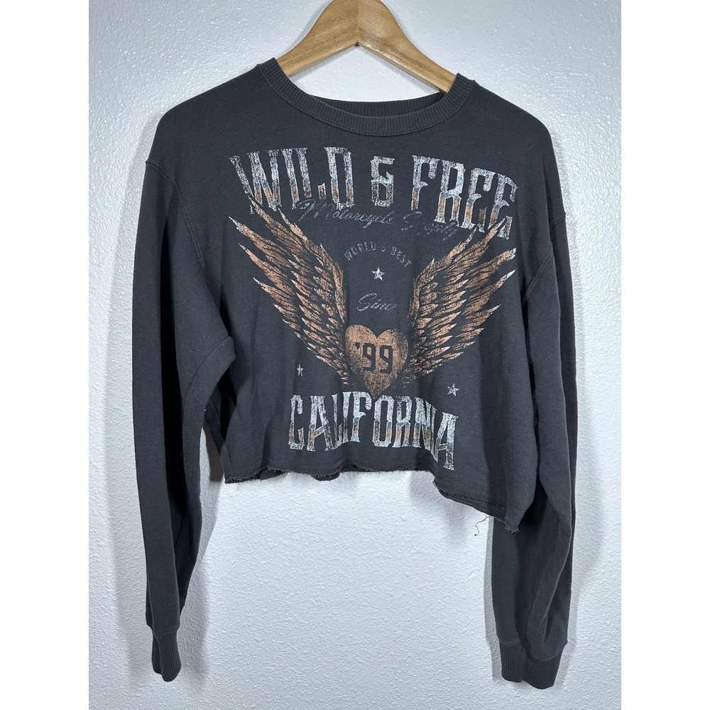 Hollister Sweatshirt Womens Small Black Cropped Raw Hem Wild & Free California